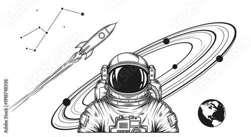 Astronaut in Space with Rocket, Planets and Constellation Illustration