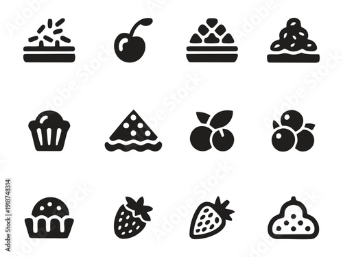 Assortment of sweet dessert icons including cakes, berries, and pastries