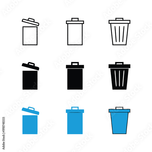 Assortment of trash can icons, including open and closed, in various designs