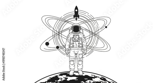 Astronaut standing on planet with rocket and atomic orbits illustration