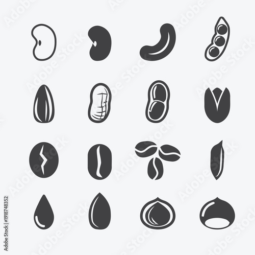 Assortment of various beans and nuts icons in simple glyph style