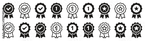 Awards and achievement icons including checkmarks numbers and stars