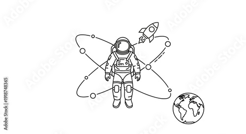 Astronaut with Rocket and Planet Earth - Outline