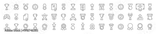 Awards and recognition icons set including trophies, medals, and certificates
