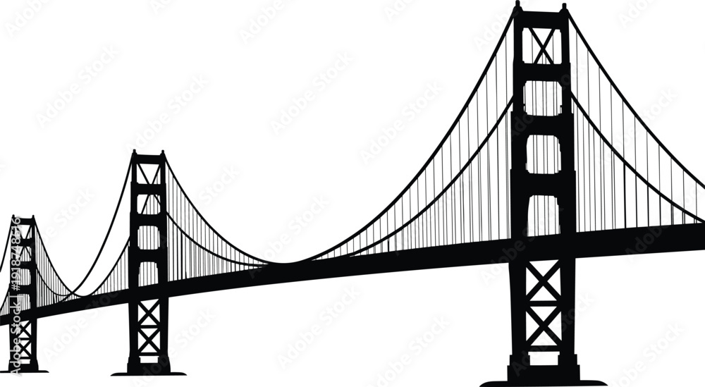 Fototapeta premium Suspension Bridge Silhouette Illustration, Famous Landmark Style Structure Isolated on White Background Architectural Vector Design