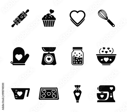 Baking and baking tool icons with hearts for Valentine's Day