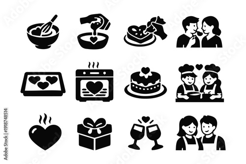 Baking and cooking icons for valentine's day couples creating sweet treats together