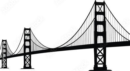 Suspension Bridge Silhouette Illustration, Famous Landmark Style Structure Isolated on White Background Architectural Vector Design