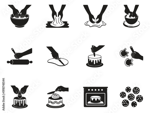 Baking process icons showing mixing dough rolling and decorating cakes
