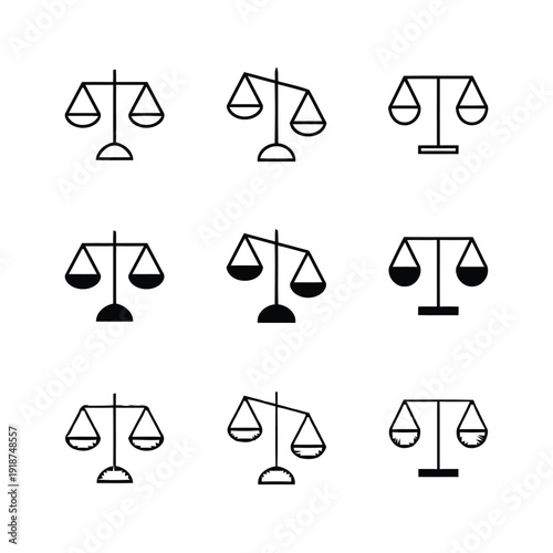 Balance scale icon set in outline solid black and single line variations