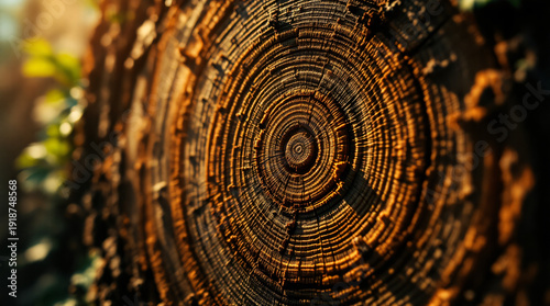 Close-up of tree trunk cross-section with annual rings and warm natural light.
