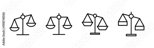 Balance scales icons, weighing justice and measurement symbols