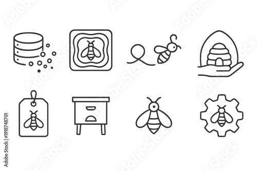 Bee and beekeeping icons vector set with honey production elements