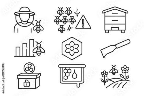 Beekeeper with bees, beehive, honey, and beekeeping equipment icons collection