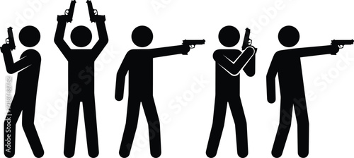Gunman silhouette collection, armed stick figures holding pistols in various action poses, black vector icons isolated on white background