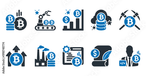 Bitcoin and cryptocurrency icons including mining, blockchain, and investment growth