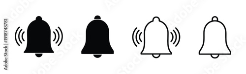 Bell icons in filled and outline styles with sound waves, representing notification