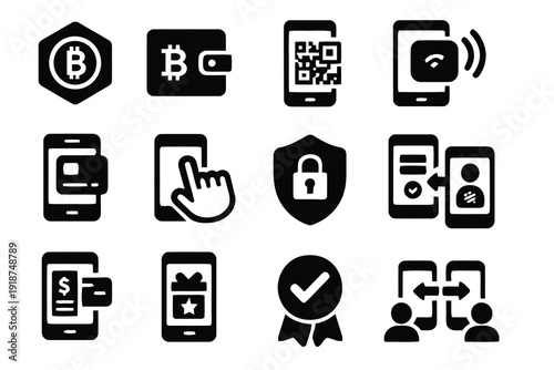 Bitcoin and cryptocurrency payment icons with mobile phone technology and security elements