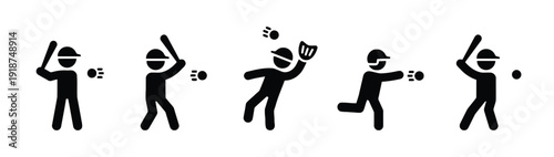 Baseball player icons showing batting, pitching and catching actions