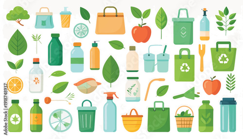 Eco-Friendly Sustainable Product Collection: Zero Waste, Organic Packaging, Reusable Bags, Natural Cosmetics, and Recycling Elements Vector Set.