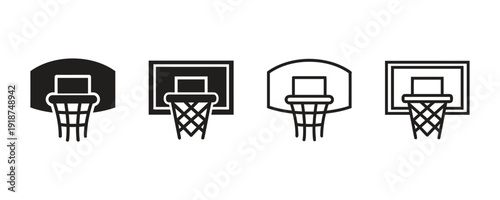 Basketball hoop and net icons. Collection of sports equipment symbols.
