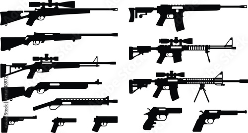 Gun and firearm silhouettes collection, rifles, shotguns, pistols, sniper weapons, military and hunting equipment, black vector illustration isolated on white