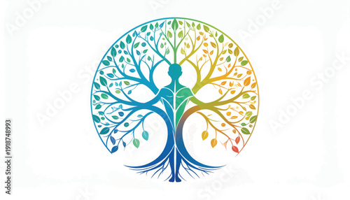 Gradient Tree of Life and Human Silhouette Symbol. Vector Logo for Holistic Wellness, Ecology, and Spiritual Growth.