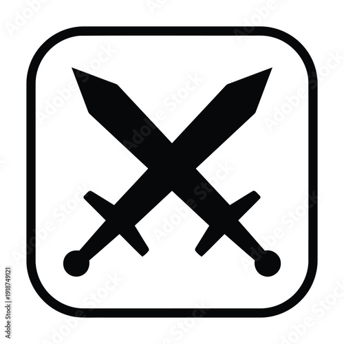 Black vector icon illustrating two crossed swords, signifying conflict or battle, within rounded square.