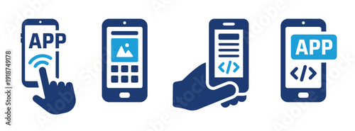 Blue and navy icons representing mobile app development and user interaction