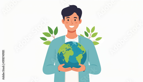 Happy Man Holding the Earth Globe with Green Leaves. Environment Protection, Ecology, and Sustainability Concept Vector Illustration.