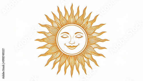 Golden Engraving of Smiling Sun Face. Vintage Celestial Symbol Illustration.