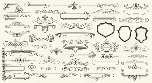 Big set of ornate vintage decorative calligraphic vector design elements. Dividers, frames, borders, crests, and flourishes collection. isolated PNG with Transparent Background
