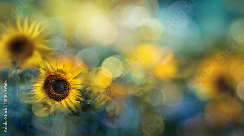 Abstract background with sunflower and bokeh lights. High quality illustration