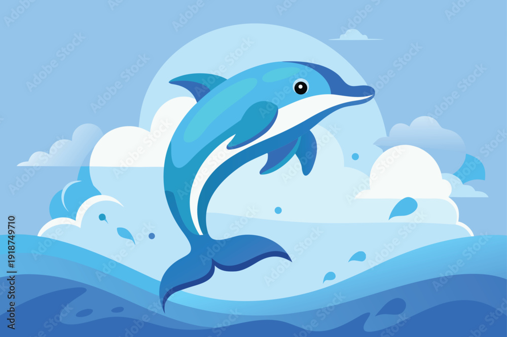 Fototapeta premium A cartoon dolphin jumping out of the ocean waves