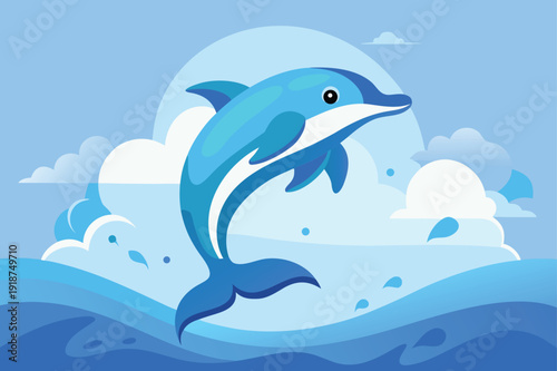 A cartoon dolphin jumping out of the ocean waves
