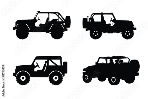 Off-road jeep vehicle silhouette set isolated on transparent background. Adventure transport vector collection.
