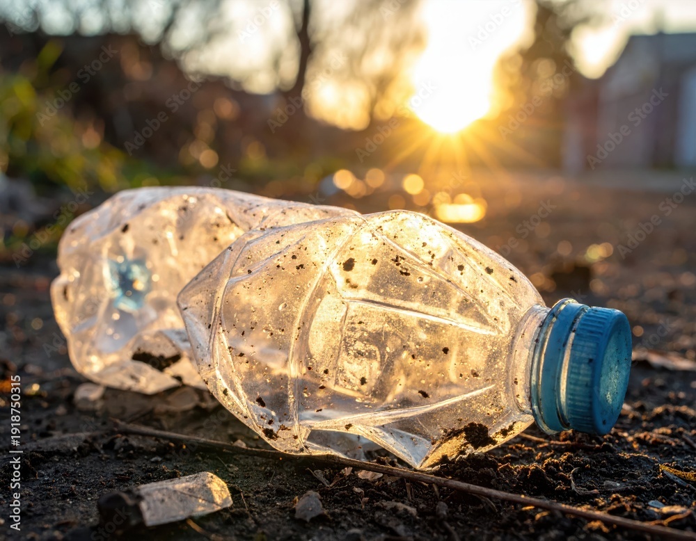 Obraz premium Discarded Plastic Bottles Glinting in the Golden Sunset Light