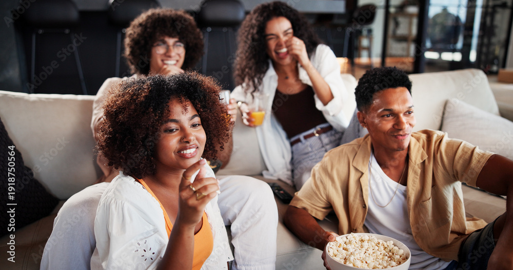 Obraz premium Couple of friends, happy and relax with watching tv on sofa for movie, comedy show or snack in living room. People, smile and drinks on couch for film, subscription and television in lounge at home