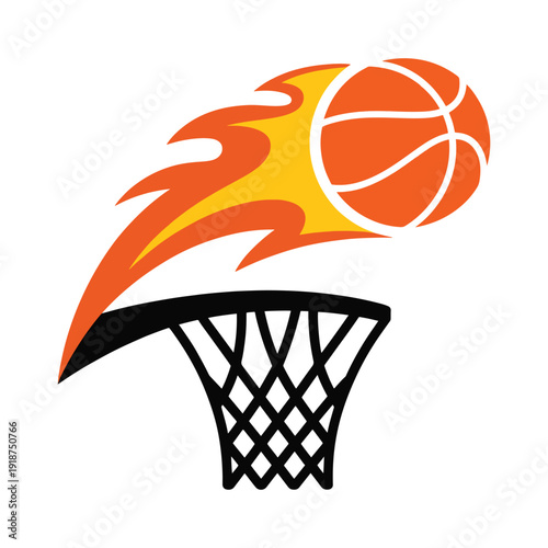 Flat vector illustration of a flaming basketball flying into a hoop, clean sports team logo design isolated on a white background for branding and apparel.