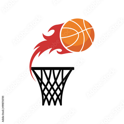 Flat vector illustration of a flaming basketball flying into a hoop, clean sports team logo design isolated on a white background for branding and apparel.