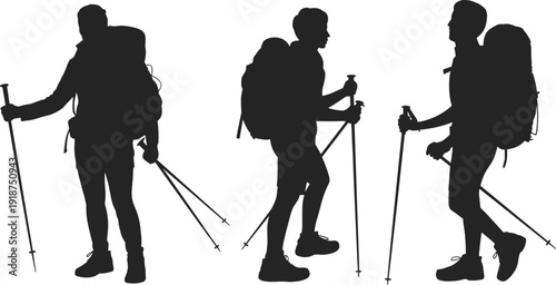 Hiker silhouette set, trekking people with backpacks and walking poles, outdoor adventure travel collection, isolated black vector illustration on background