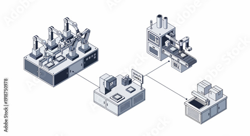 Industrial facilities connected in a network with various machinery and equipment from an aerial viewpoint