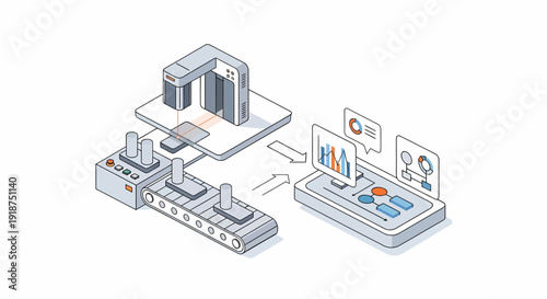Automated production line with robotic arm and data analysis on digital display, representing modern manufacturing processes and efficiency
