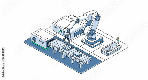 Modern automated industrial production line demonstrating efficient manufacturing with a robotic arm assembling components on a conveyor belt in a smart factory setting
