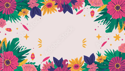 vector template banner of Carnaval in Brazil featuring vibrant floral patterns with a flat design style, incorporating bright colors such as pink, purple, and green