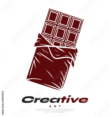 An illustration of a chocolate bar partially unwrapped from its packaging, rendered as a brown vector graphic with a transparent cutout background