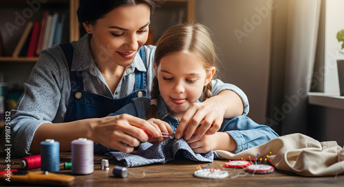 A focused woman guiding her little daughter through the process of sewing cloth using various colorful threads