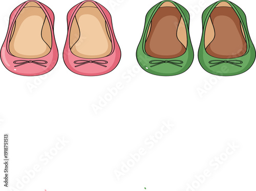 Pink and Green Ballet Flat Shoes Vector Illustration Set, Cute Women Footwear Collection, Fashion Accessory Design, Flat Cartoon Style Isolated