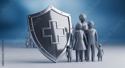 Family protected by health insurance shield with medical cross symbol representing safety and security