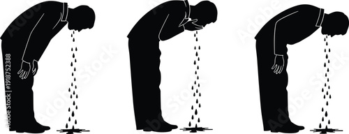 Man vomiting silhouette vector illustration, sick person nausea concept, food poisoning symptom, illness and healthcare graphic isolated on white